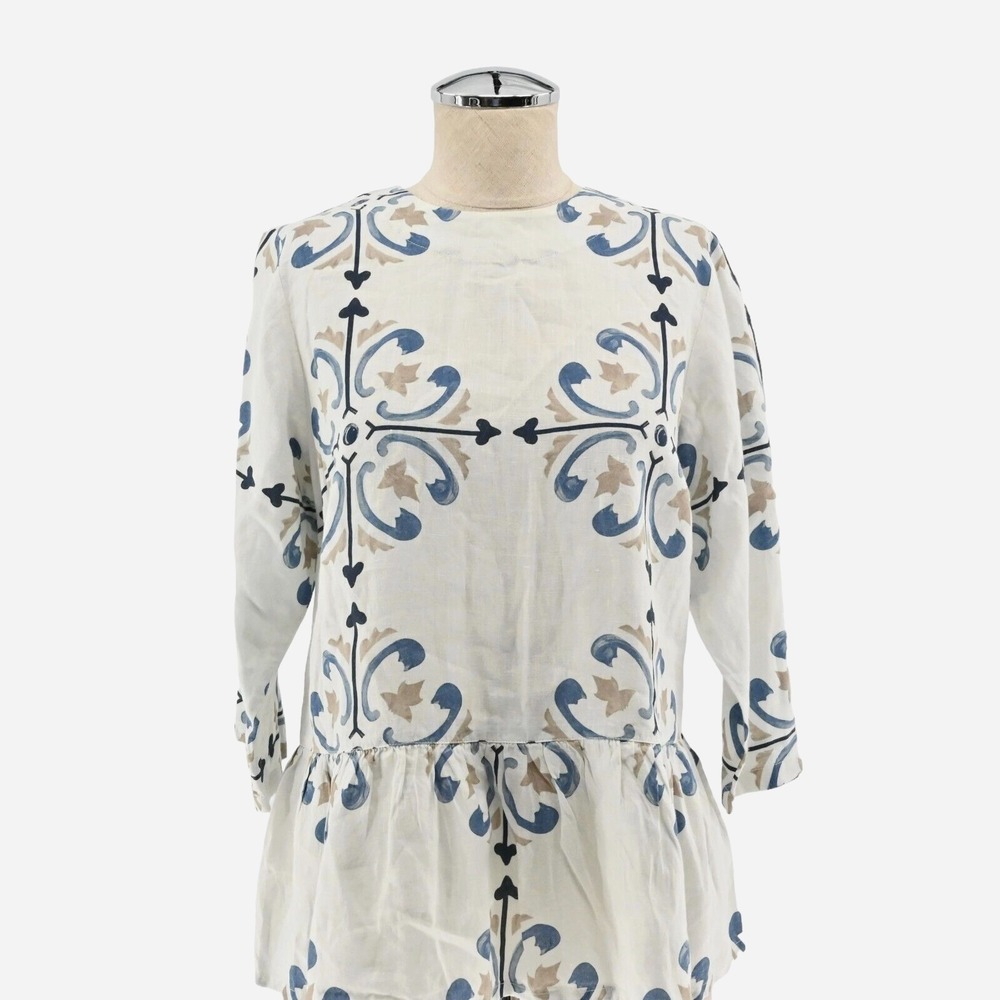 Mario Romano Peplum Top Womens Size M White Blue Boho Cottagecore Italy Linen